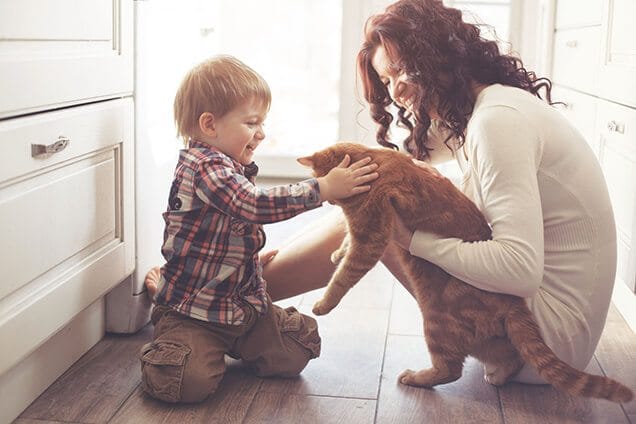 Mom and Son Petting Cat in Home with Heating